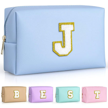 TOPEAST Personalized Makeup Bag Sky Blue J front view with gold glitter patch