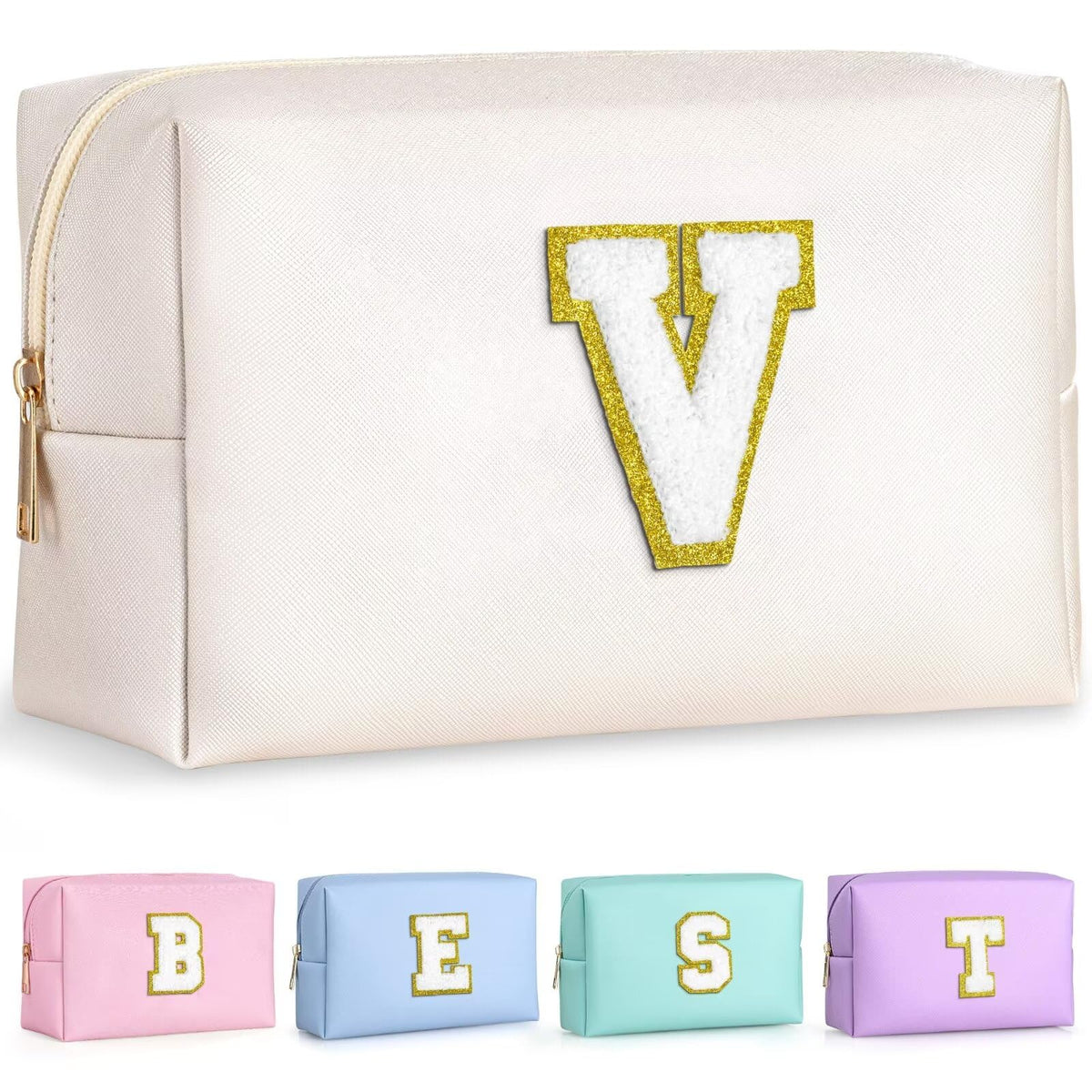 TOPEAST personalized makeup bag white model front view with gold glitter patch