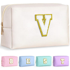 TOPEAST personalized makeup bag white model front view with gold glitter patch