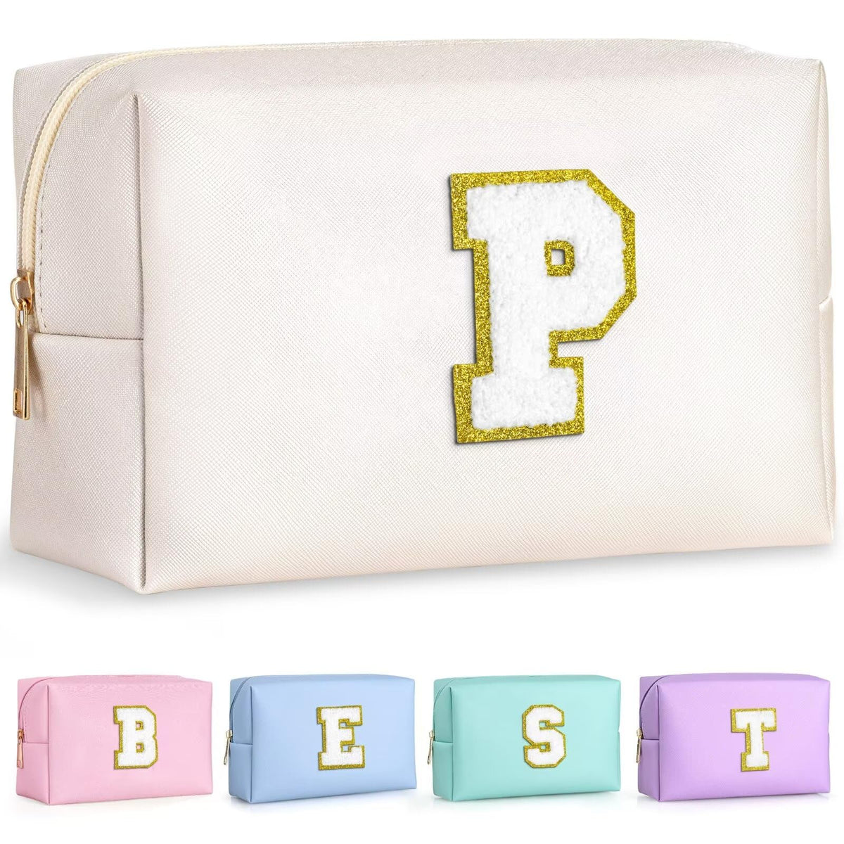 TOPEAST Personalized Makeup Bag with gold glitter chenille patch