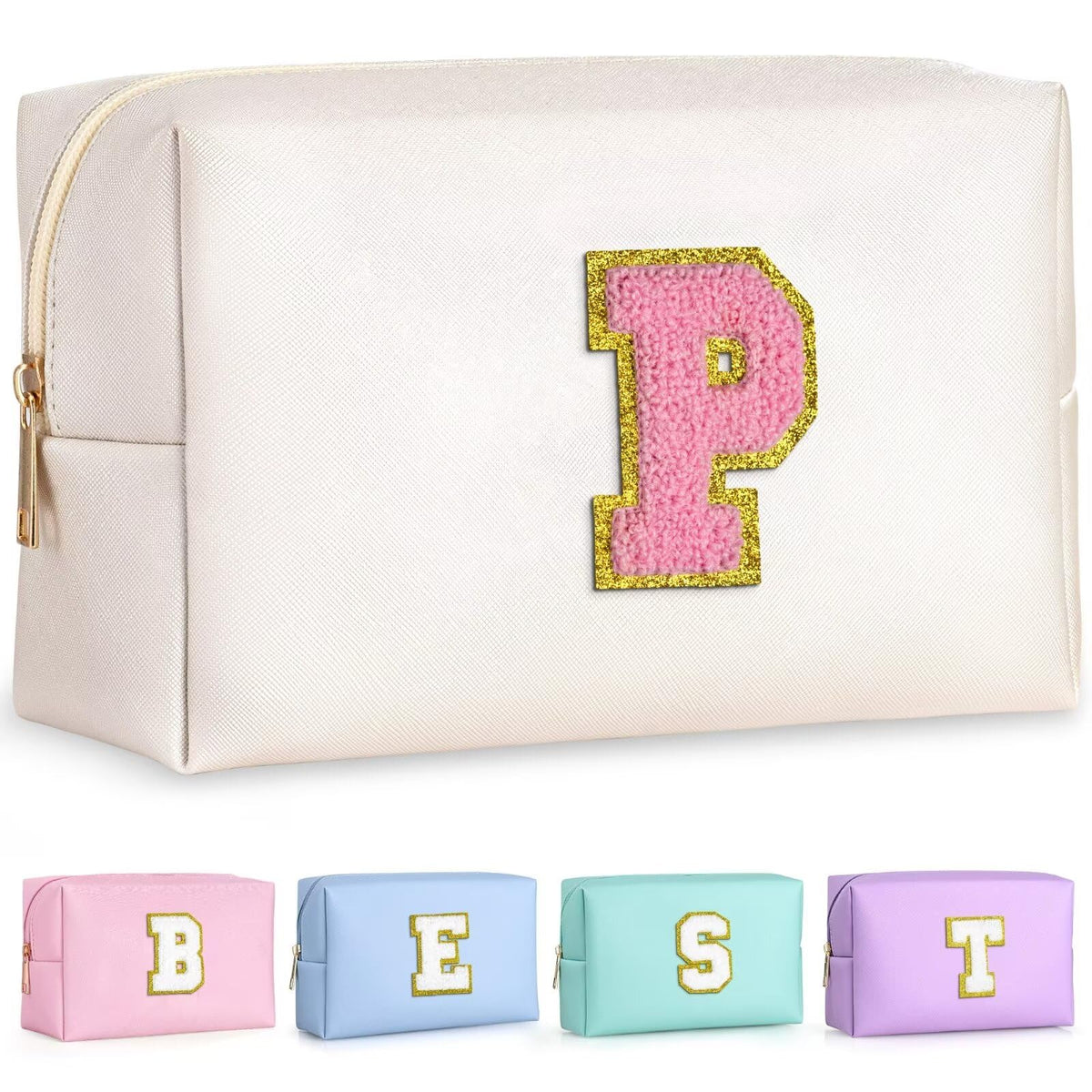 TOPEAST Personalized Makeup Bag with gold glitter chenille patch front view