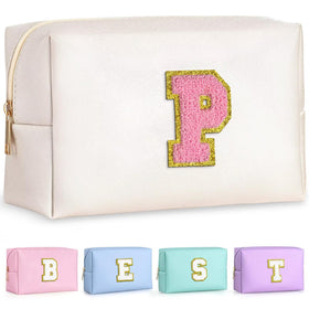 TOPEAST Personalized Makeup Bag with gold glitter chenille patch front view