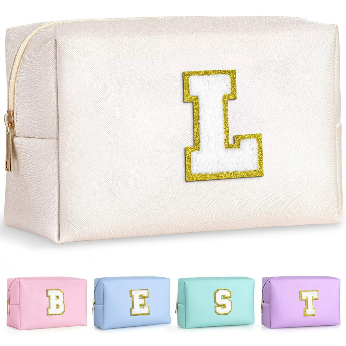 TOPEAST Personalized Makeup Bag with gold glitter chenille patch, front view