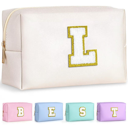 TOPEAST Personalized Makeup Bag with gold glitter chenille patch, front view