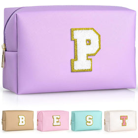 TOPEAST Personalized Makeup Bag with gold glitter chenille patch, purple