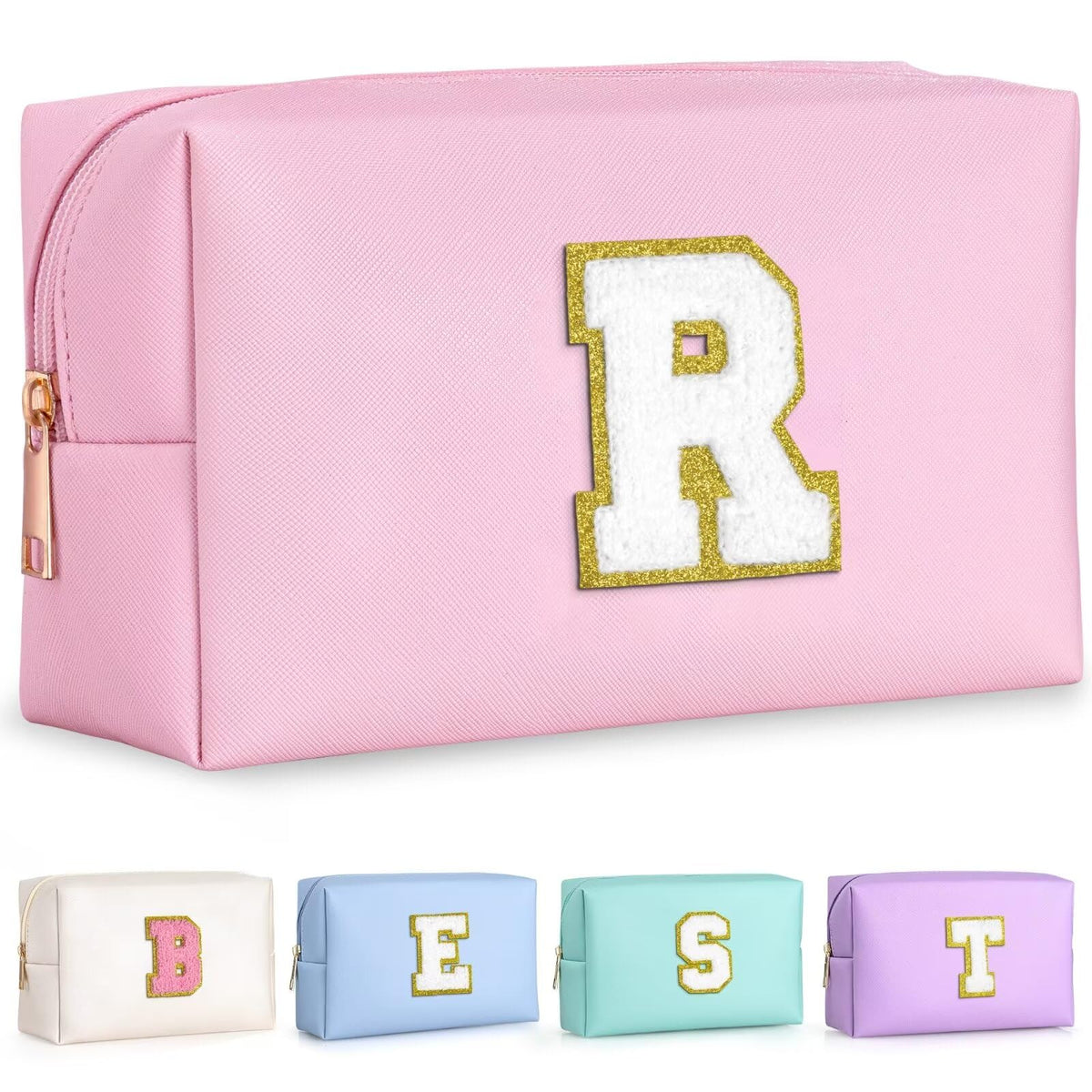 TOPEAST pink cosmetic travel bag front view with gold glitter patch
