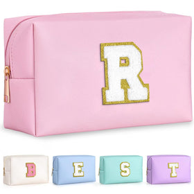 TOPEAST pink cosmetic travel bag front view with gold glitter patch