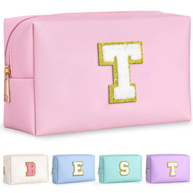 TOPEAST Pink Initial Makeup Bag front view with gold glitter patch