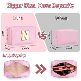 TOPEAST Pink Initial Makeup Bag open with cosmetics inside