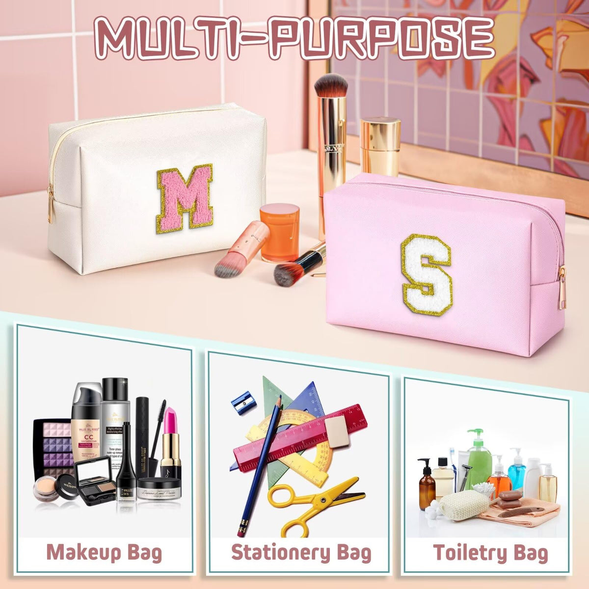 TOPEAST pink travel makeup bag dimensions displayed