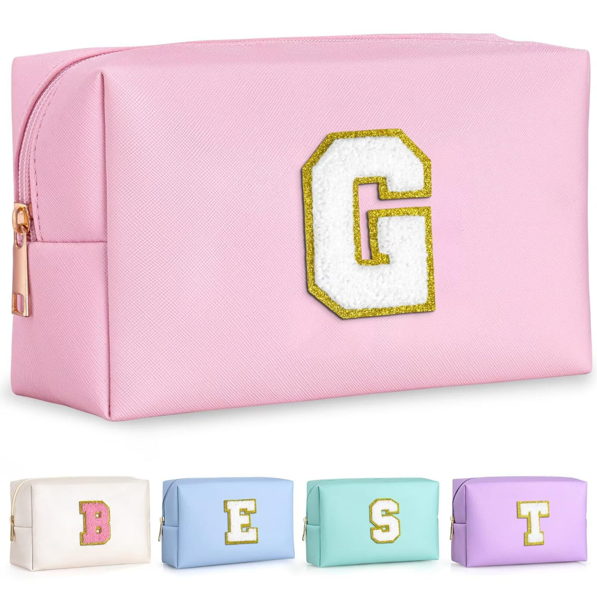 TOPEAST pink travel makeup bag front view with initial patch
