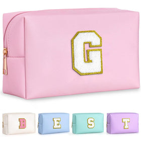 TOPEAST pink travel makeup bag front view with initial patch