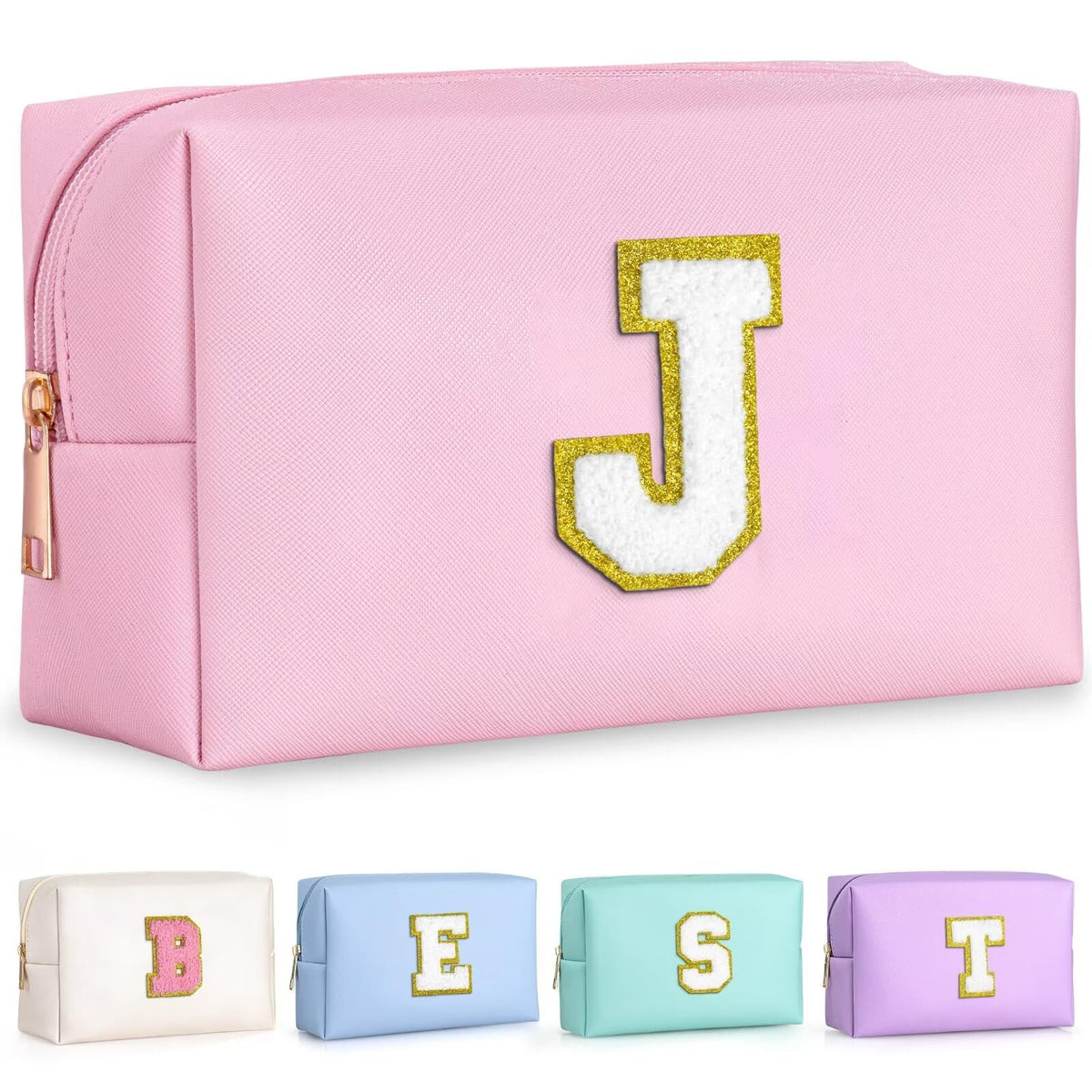 TOPEAST pink travel makeup bag front view with monogram patch