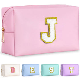 TOPEAST pink travel makeup bag front view with monogram patch