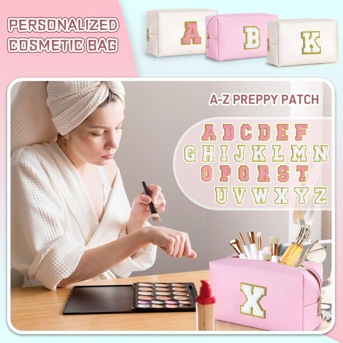 TOPEAST pink travel makeup bag personalized with initial A
