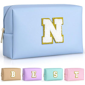 TOPEAST Preppy Makeup Bag front view with gold glitter initial patch