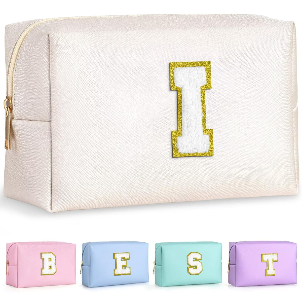TOPEAST Preppy Makeup Bag front view with gold glitter patch
