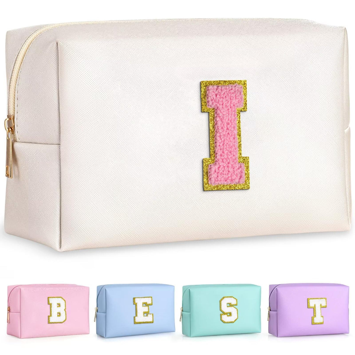 TOPEAST Preppy Makeup Bag front view with gold glitter patch