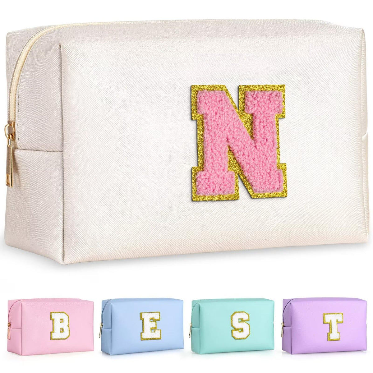 TOPEAST Preppy Makeup Bag front view with gold glitter patch