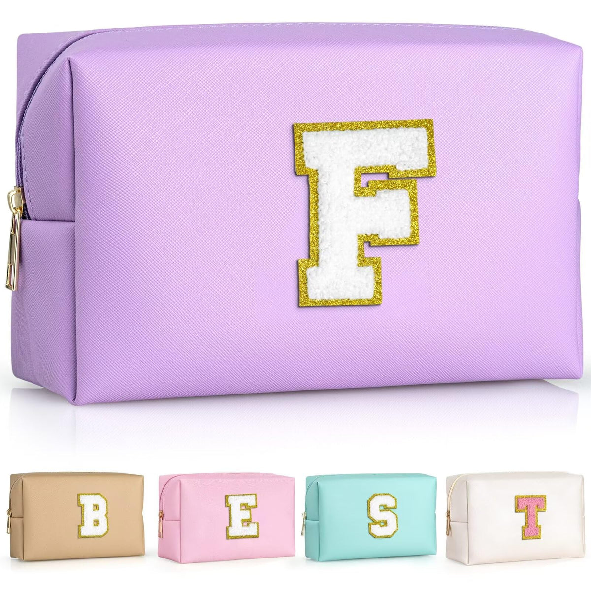 TOPEAST Preppy Makeup Bag front view with personalized initial patch