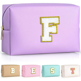 TOPEAST Preppy Makeup Bag front view with personalized initial patch