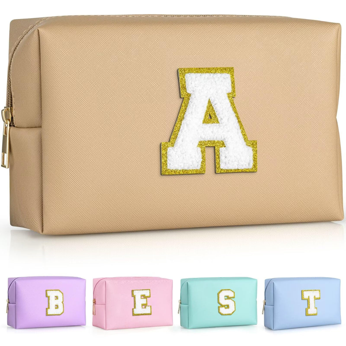 TOPEAST Preppy Makeup Bag in Khaki with gold glitter initial patch