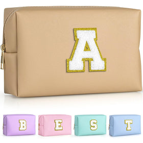 TOPEAST Preppy Makeup Bag in Khaki with gold glitter initial patch
