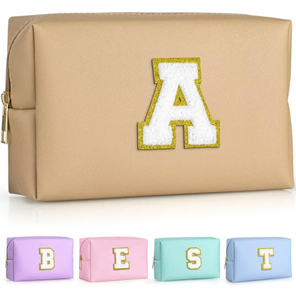 TOPEAST Preppy Makeup Bag in Khaki with gold glitter initial patch