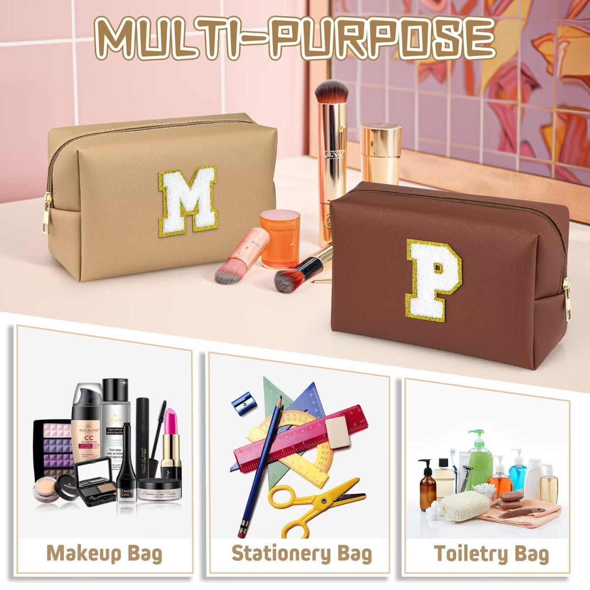 TOPEAST Preppy Makeup Bag in Khaki with monogram patch detail