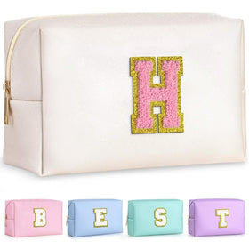 TOPEAST Preppy Makeup Bag in Pearly White with gold glitter initial patch