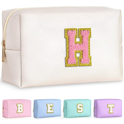 TOPEAST Preppy Makeup Bag in Pearly White with gold glitter initial patch