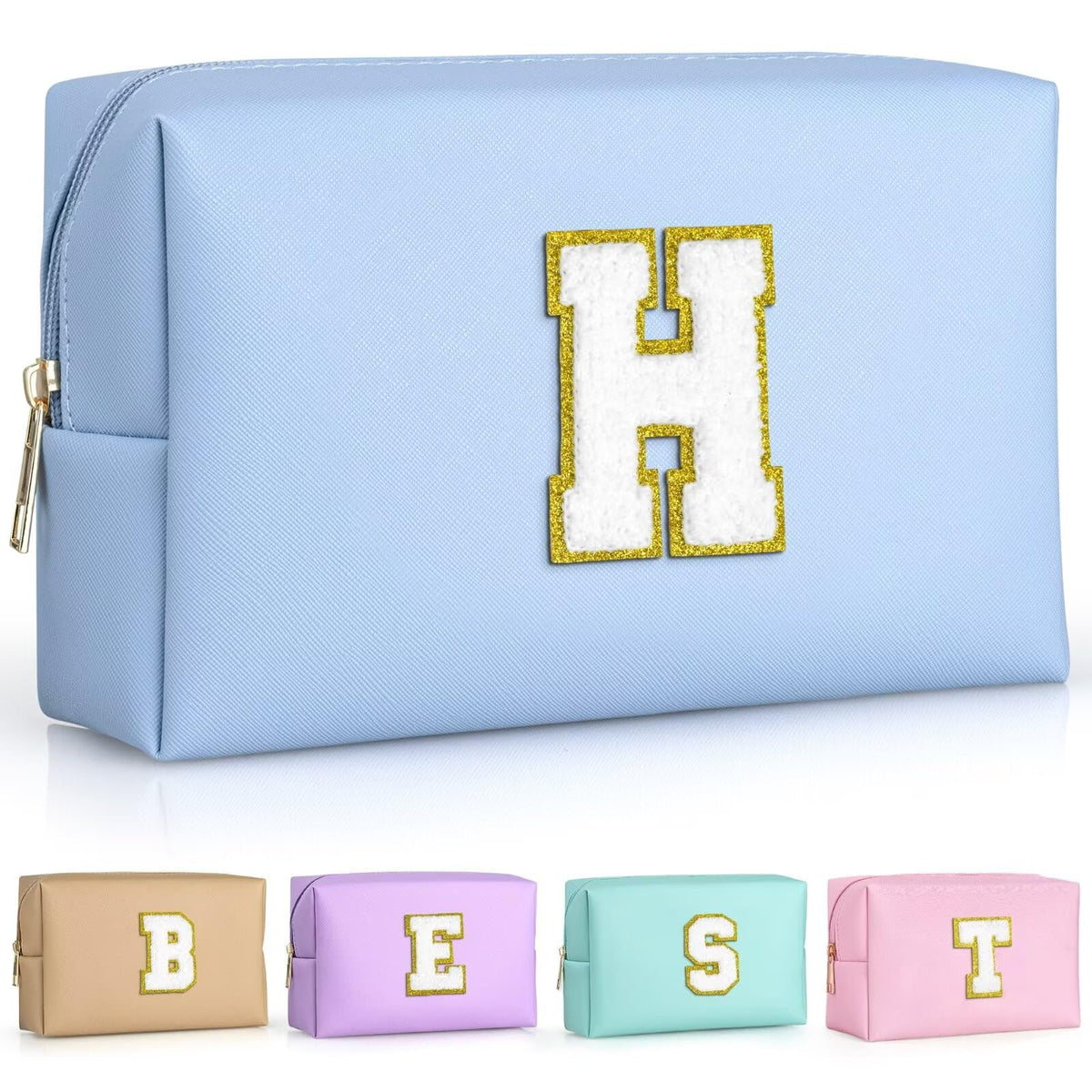 TOPEAST Preppy Makeup Bag in Sky Blue with monogrammed initial patch