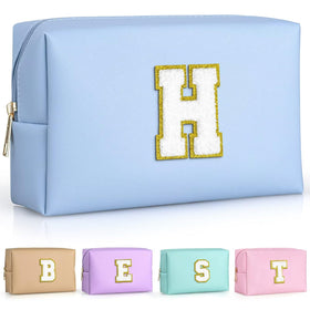 TOPEAST Preppy Makeup Bag in Sky Blue with monogrammed initial patch