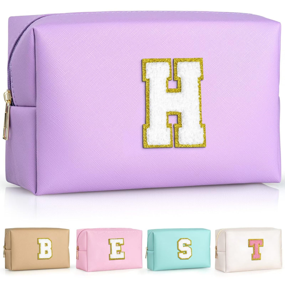 TOPEAST Preppy Makeup Bag purple with gold glitter initial patch front view