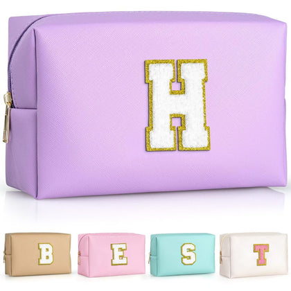 TOPEAST Preppy Makeup Bag purple with gold glitter initial patch front view