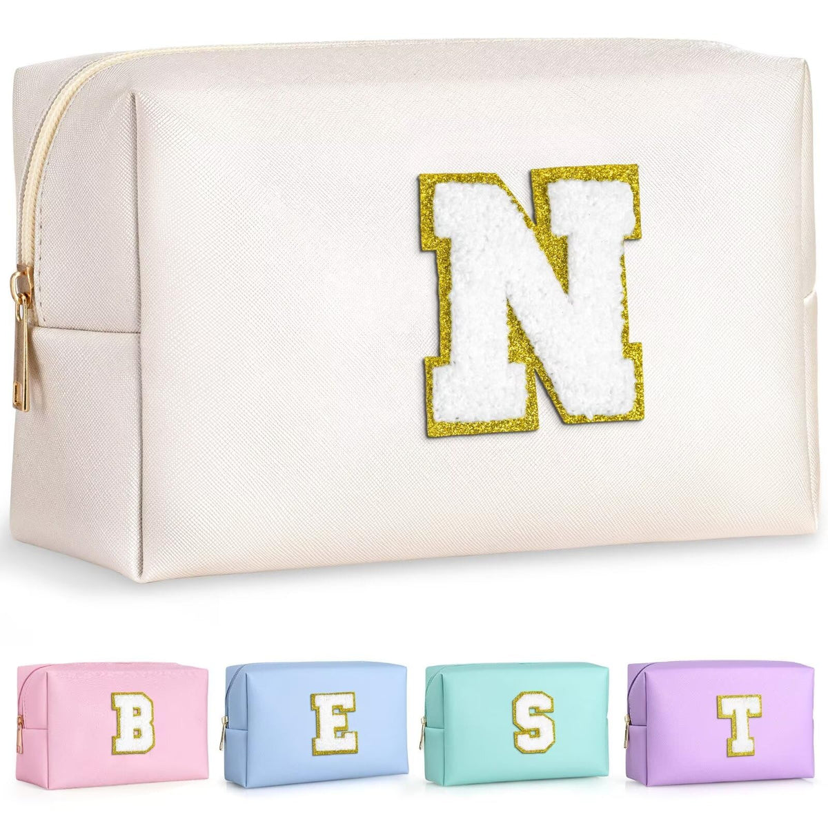 TOPEAST Preppy Makeup Bag with gold glitter initial patch front view