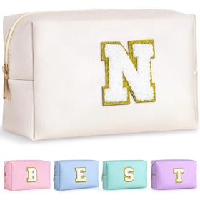 TOPEAST Preppy Makeup Bag with gold glitter initial patch front view