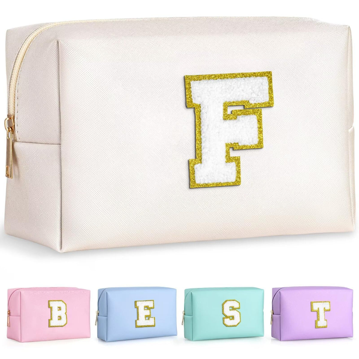 TOPEAST Preppy Makeup Bag with gold glitter patch front view