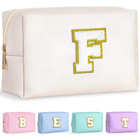TOPEAST Preppy Makeup Bag with gold glitter patch front view