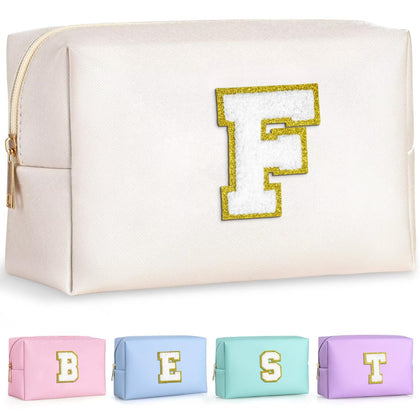 TOPEAST Preppy Makeup Bag with gold glitter patch front view