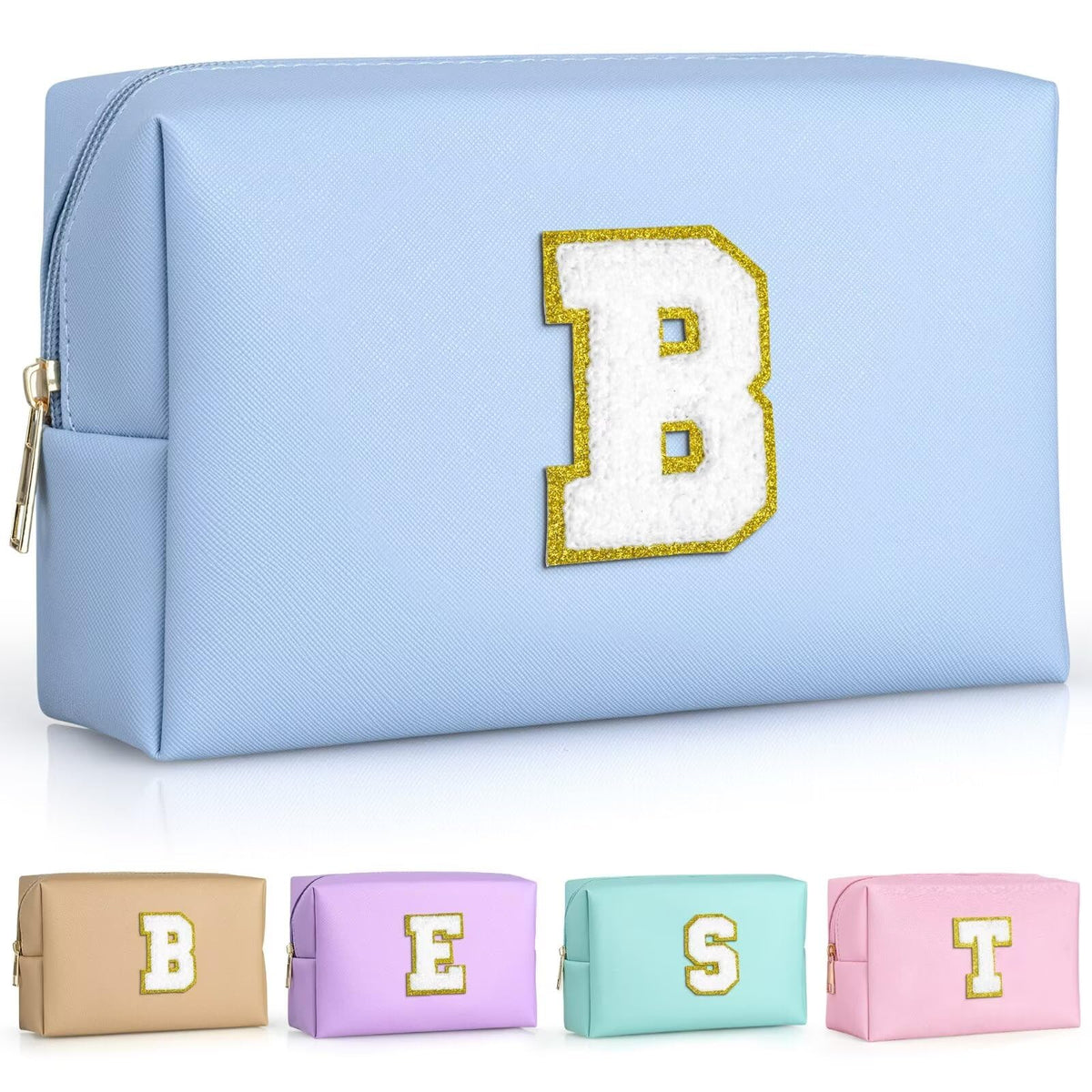 TOPEAST Preppy Patch Makeup Bag in Sky Blue with gold glitter patch