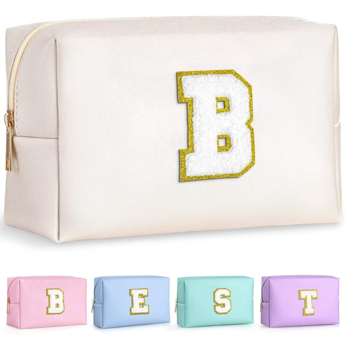 TOPEAST Preppy Patch Makeup Bag in white with gold glitter patch