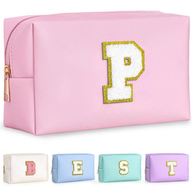 TOPEAST Preppy Pink Glitter Chenille Patch Makeup Bag front view