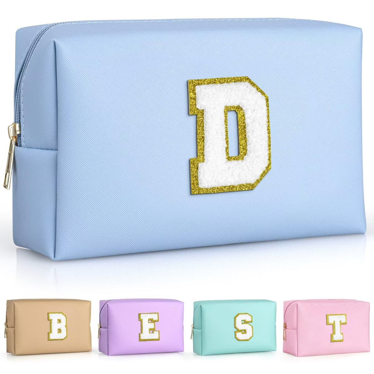 TOPEAST Preppy Small Makeup Bag in Sky Blue with initial patch