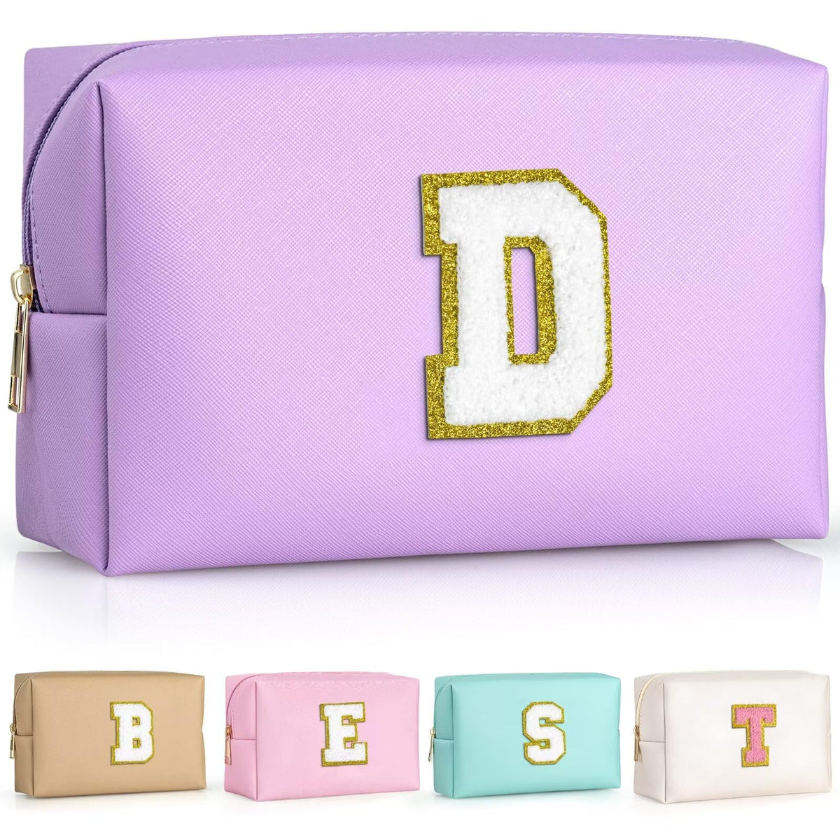 TOPEAST Preppy Small Makeup Bag purple with gold glitter initial patch front view