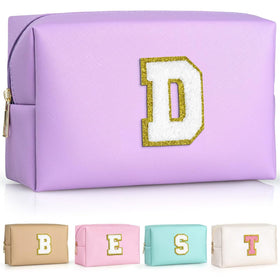 TOPEAST Preppy Small Makeup Bag purple with gold glitter initial patch front view