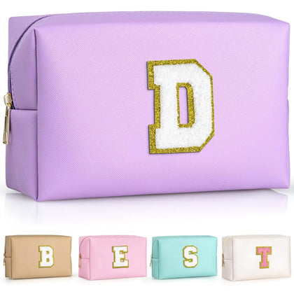 TOPEAST Preppy Small Makeup Bag purple with gold glitter initial patch front view
