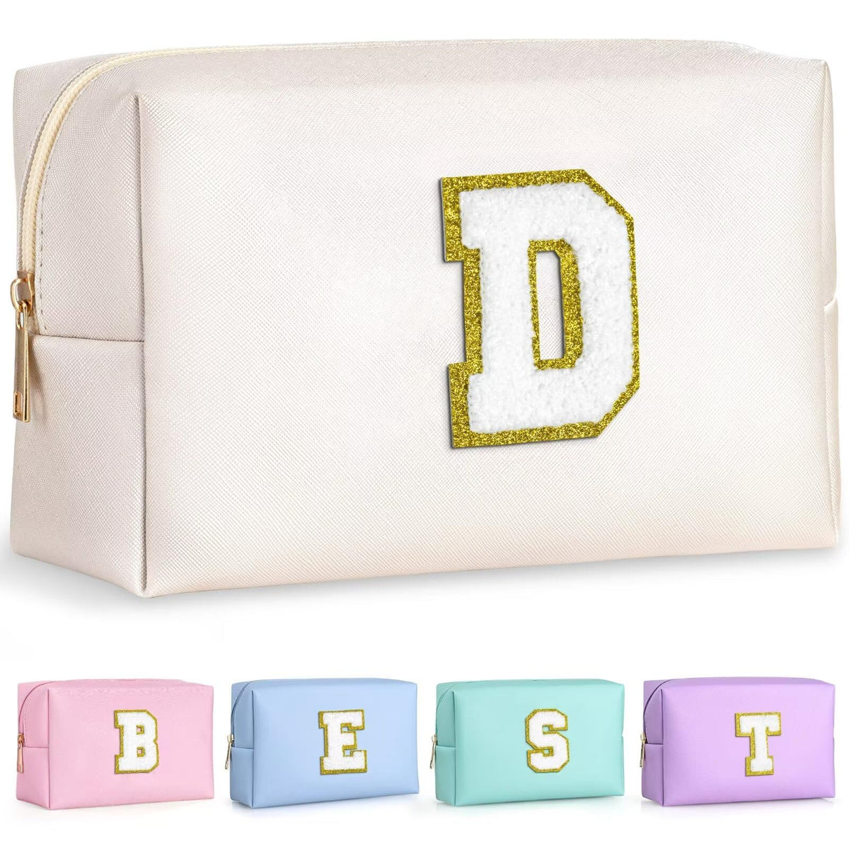 TOPEAST Preppy Small Makeup Bag with gold glitter chenille patch