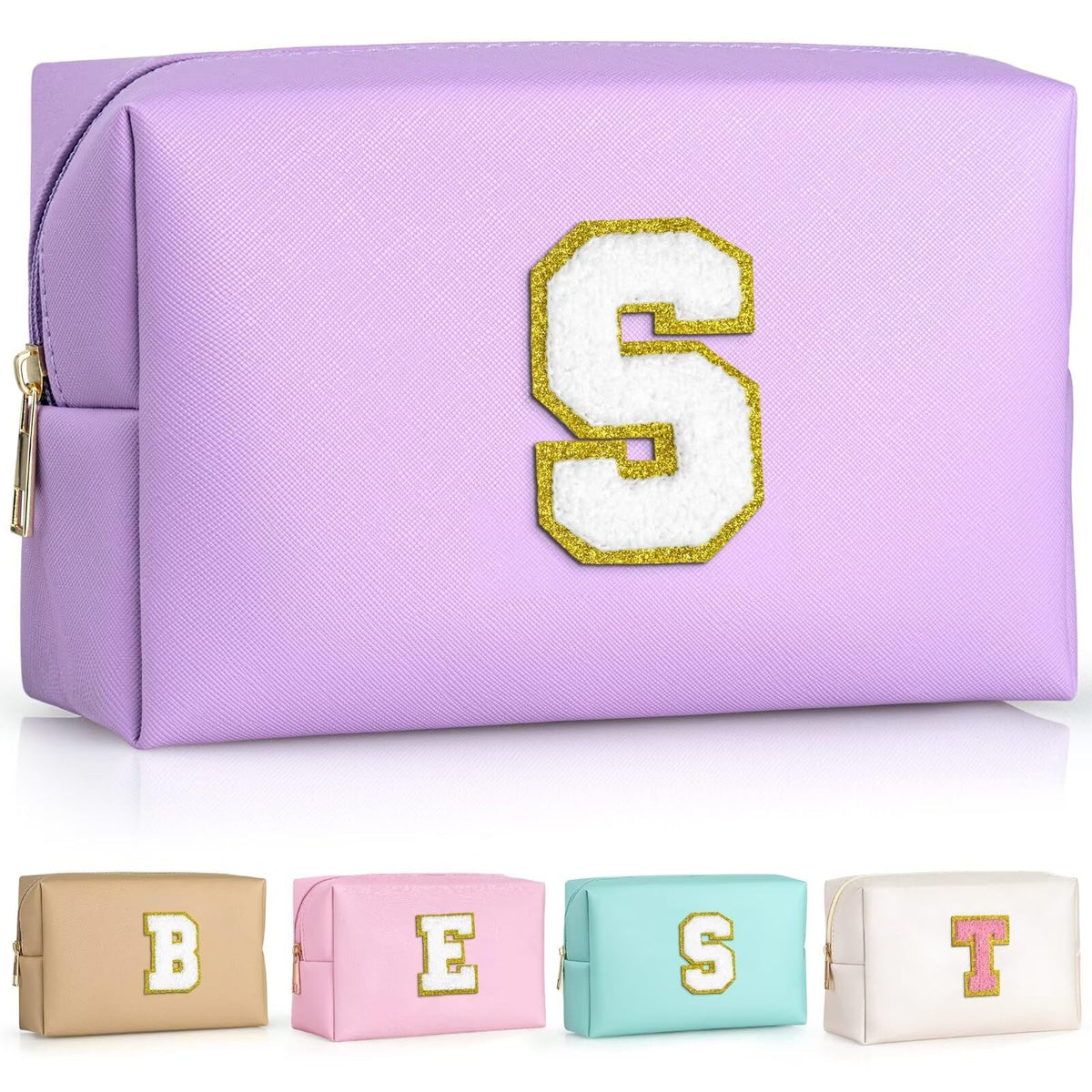 TOPEAST purple cosmetic bag with gold glitter initial patch front view