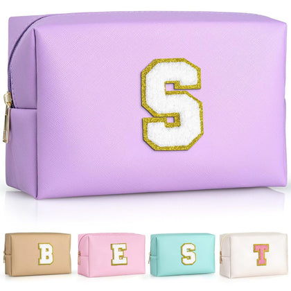 TOPEAST purple cosmetic bag with gold glitter initial patch front view